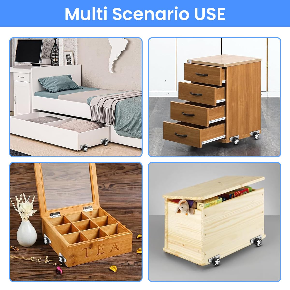 Serplex Lateral Caster Wheels for Cabinets and Drawers with Side-Mount Design | 4Pcs 1.25in Rubber Silent Wheels