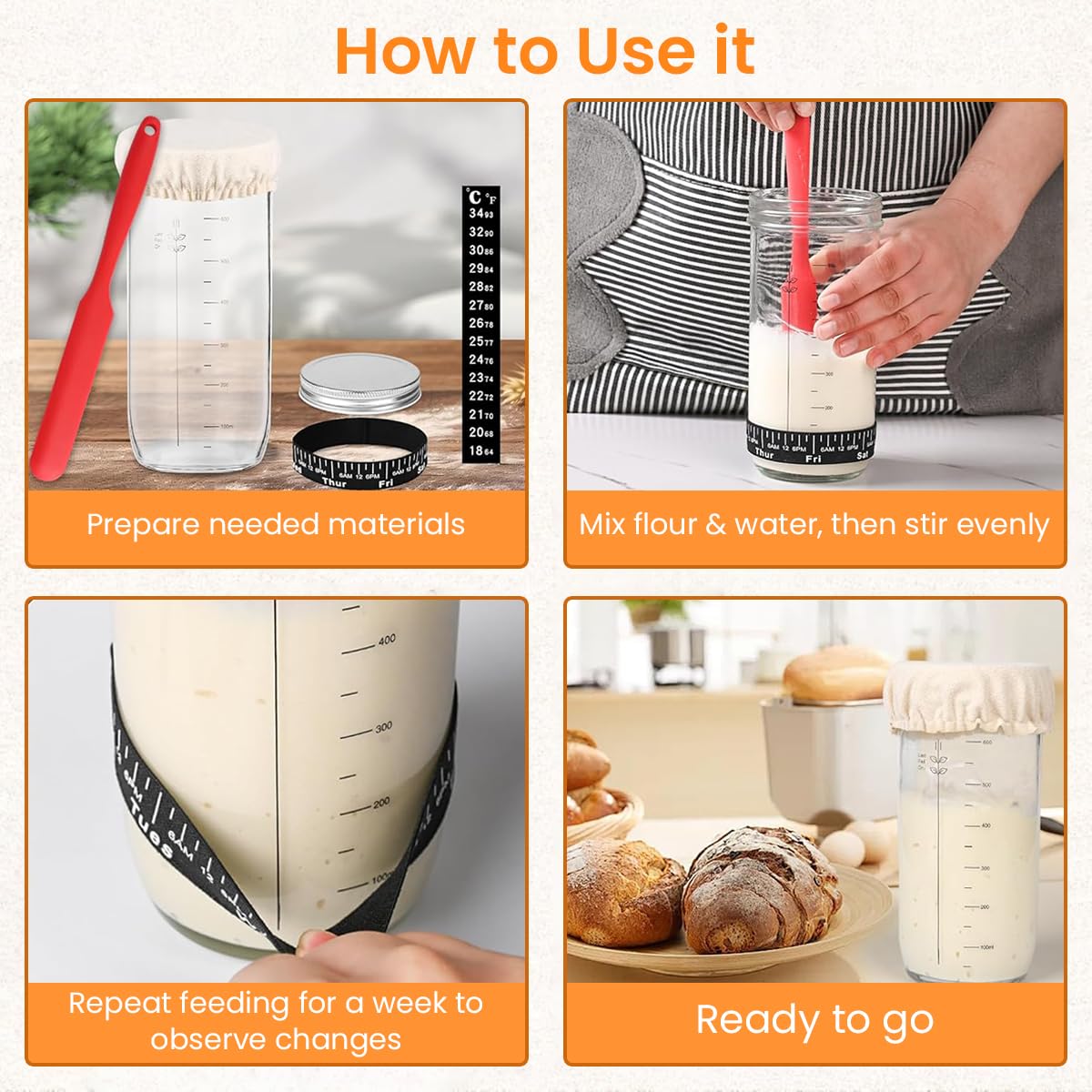 Supvox Sourdough Starter Kit with 25.6oz Glass Jar and Integrated Scale | Silicone Spatula and Thermometer Strap