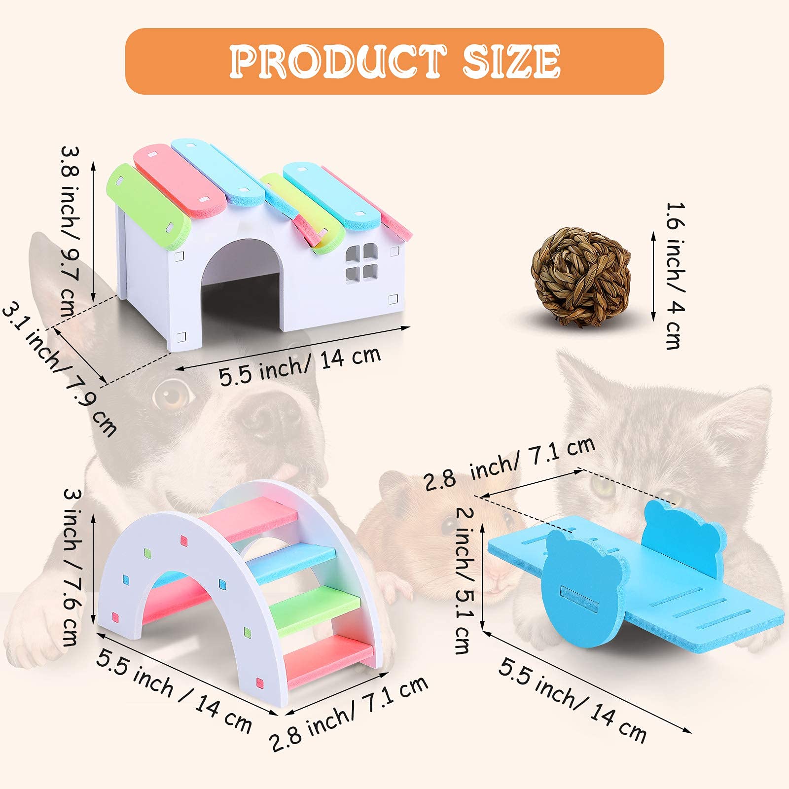 Qpets® 3 PiecesHamster Toy Set Include Wooden Hamster House, Rainbow Bridge, Hamster Seesaw Toy DIY Wooden Exercise Play Toys, Small Pet House for Small Hamsters Mice Gerbil