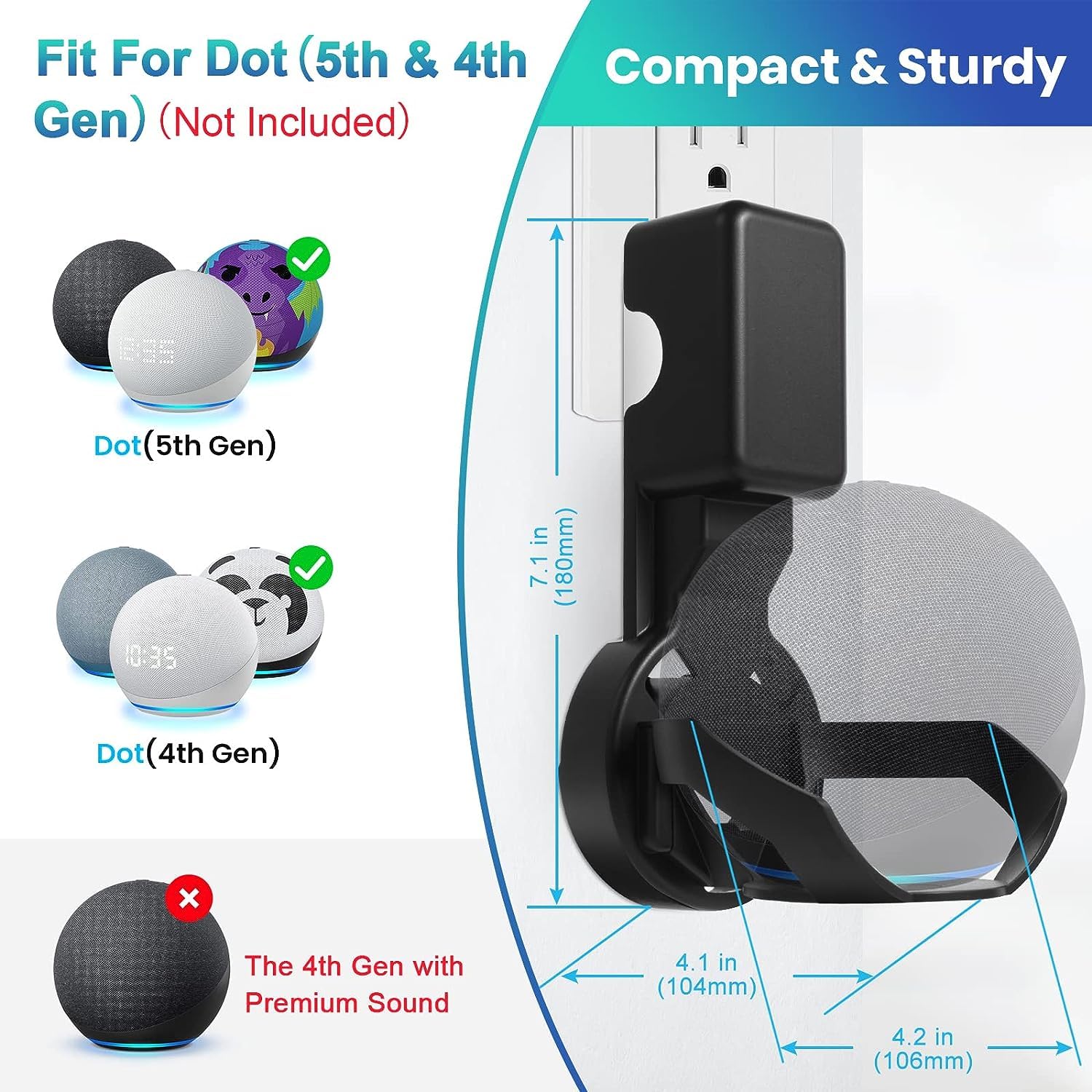 Zeitel Wall Holder for Echo Dot 4th and 5th Gen with 18×10.5×10.5 cm Fit | Heavy Duty Plastic Cord Management Mount