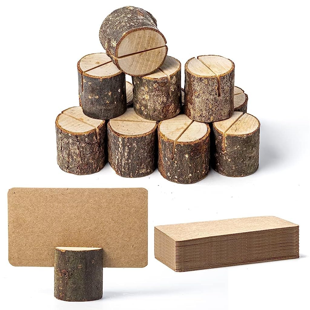 HASTHIP Mini Wood Place Card Holders for Weddings with Tree Stump Design and 10Pcs Cards