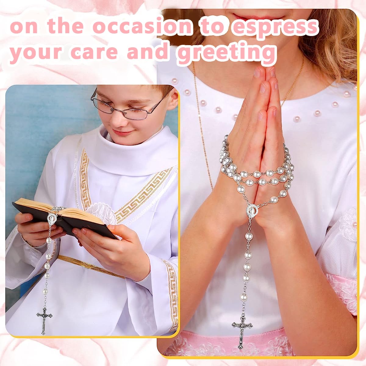 SANNIDHI Pearl Necklace for Prayers with 8mm Rosary Beads Cross Pendant | Catholic Gift