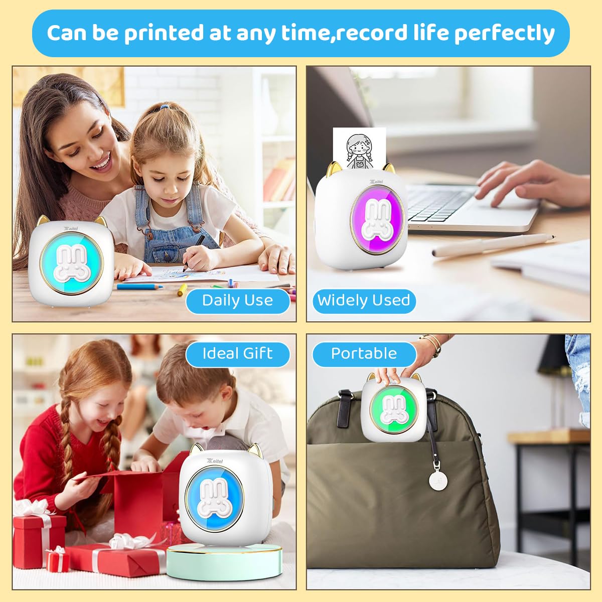 ZEITEL Mini Bluetooth Thermal Printer for Android and iOS with 200DPI Inkfree Print | 10 Roll Paper Gift for Kids