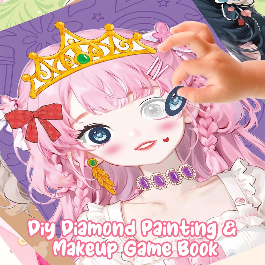 PATPAT® DIY Diamond Painting Art Kit for Girls Makeup Game Book Kit with Tools Cute Manga Girls Princess Diamond Painting Art Book Birthday Gift for Girls Art Craft Activity for Kids