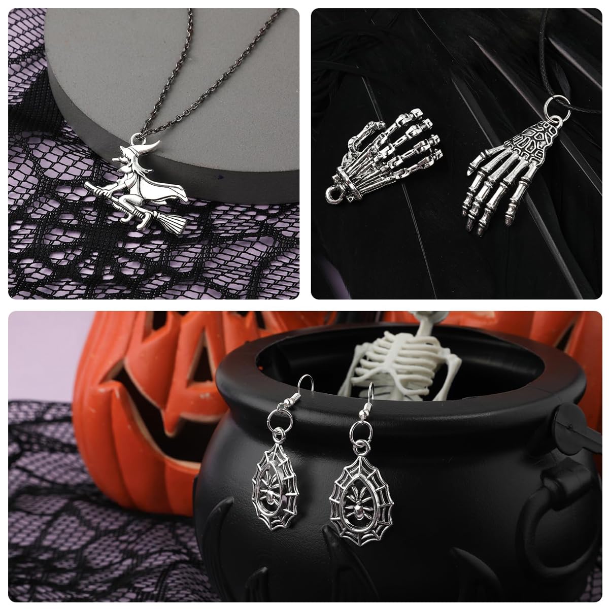 SANNIDHI Charms for Jewellery Making featuring 80pcs Alloy Silver Halloween Pendants | DIY Necklace and Bracelet Kit