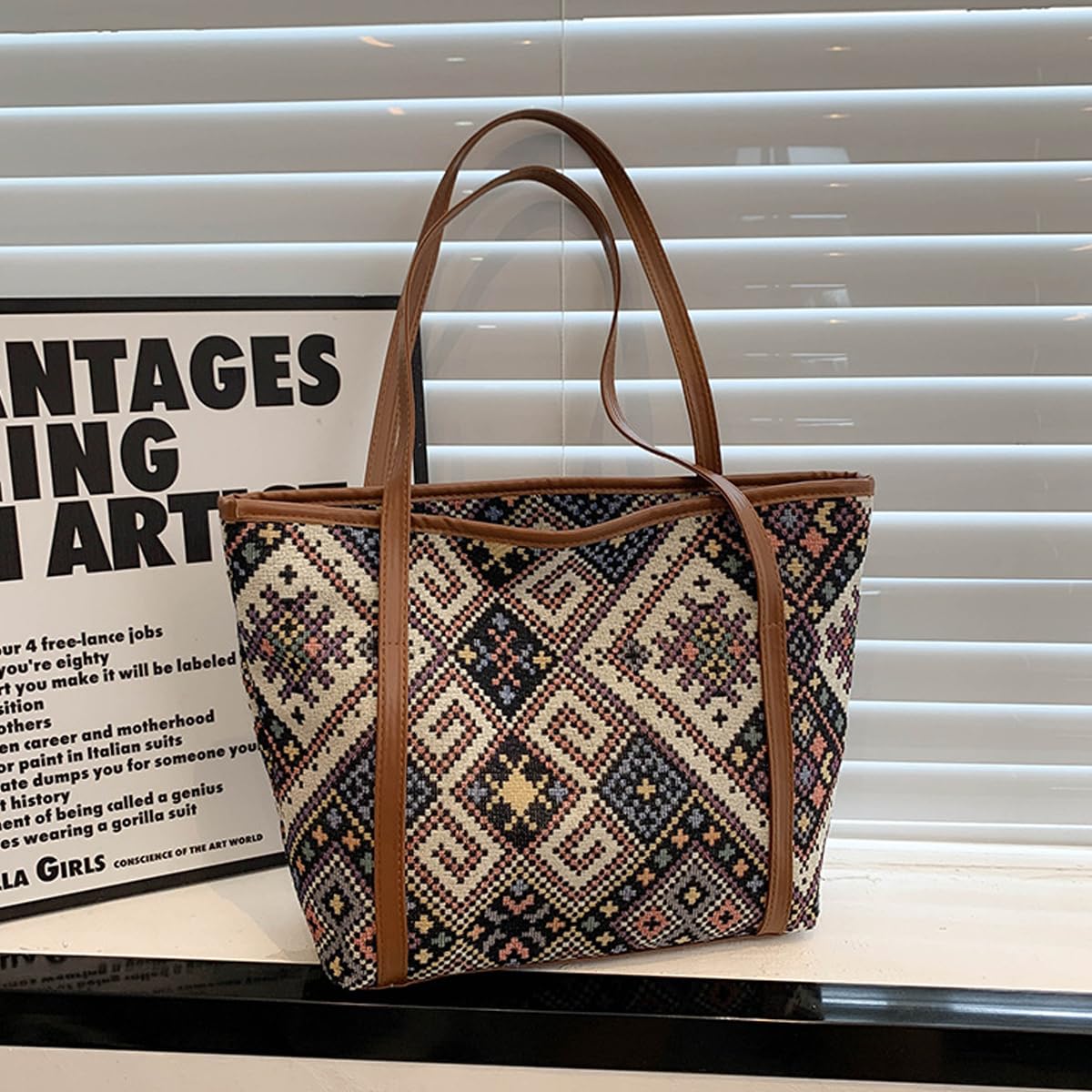 PALAY women's handbag tote bag for daily use featuring zipper closure and 15.8x4x15.4 in spacious design | polyester and PU vintage jacquard print