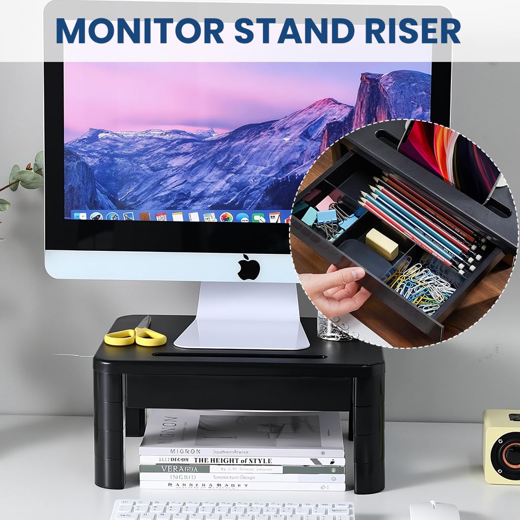 ZORBES Monitor Stand with Drawer for Desk featuring 4 Level Adjustable Riser | Home Office Organizer