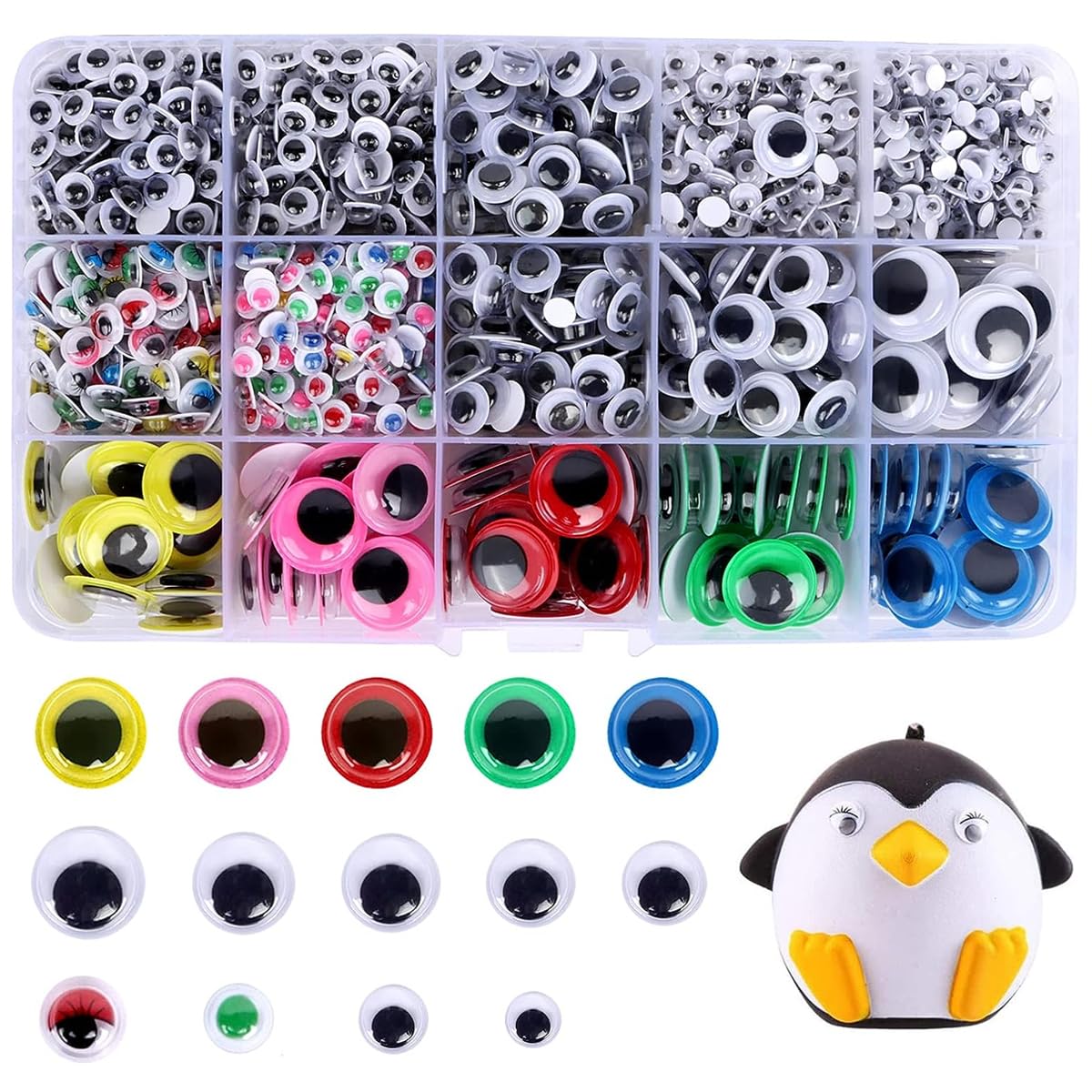 HASTHIP® 1500pcs Googly Eyes for Craft, Self-Adhesive Wiggle Eyes Stickers Kit, Assorted Colors & Sizes Funny Plastic Googly Eyes for DIY Silly Sock Puppets Doll Toy