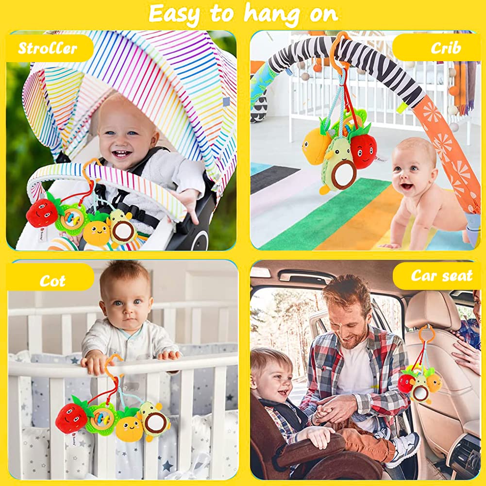 SNOWIE SOFT® Baby Soft Hanging Rattle Crinkle Squeaky Toy Car Seat Stroller Hanging Toys with Teethers Plush Fruits Mirror Toys Hangable on Crib Pramfor Infant Babies Boys and Girls 3 6 9 to 12 Months