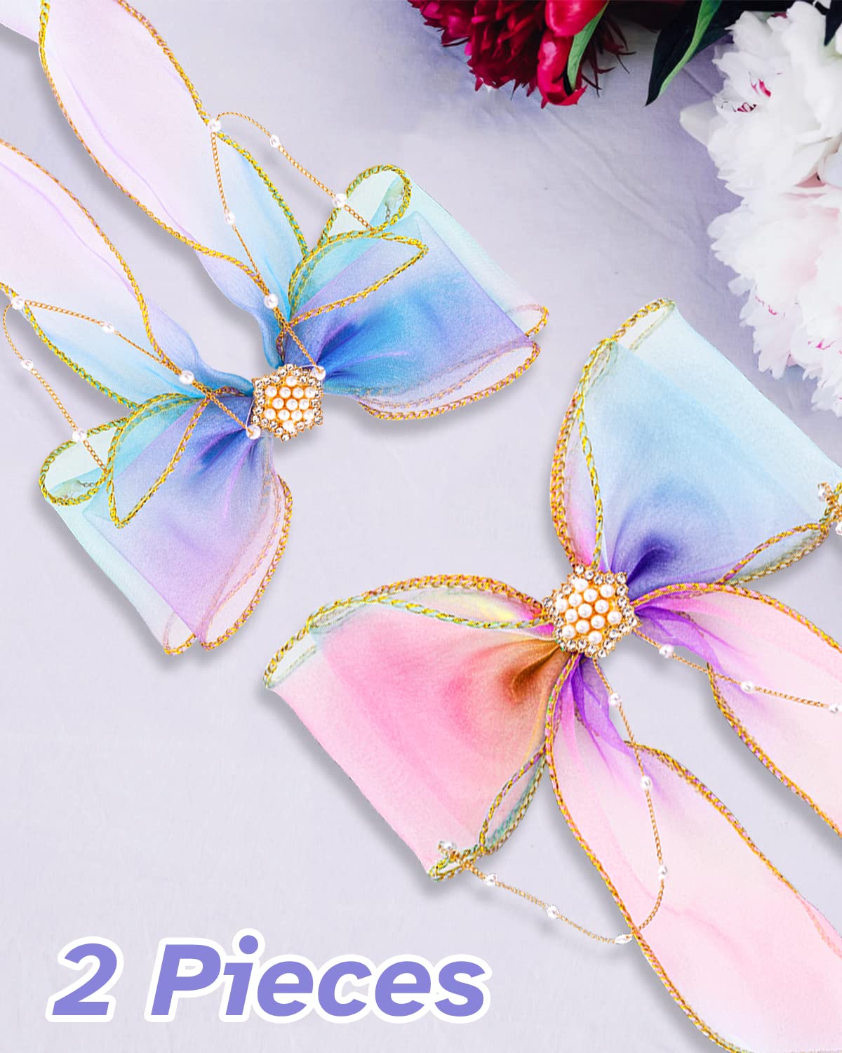 SANNIDHI Hair Bow for Girls with Faux Pearl Clip and 35cm Ribbon Tails | Set of 2