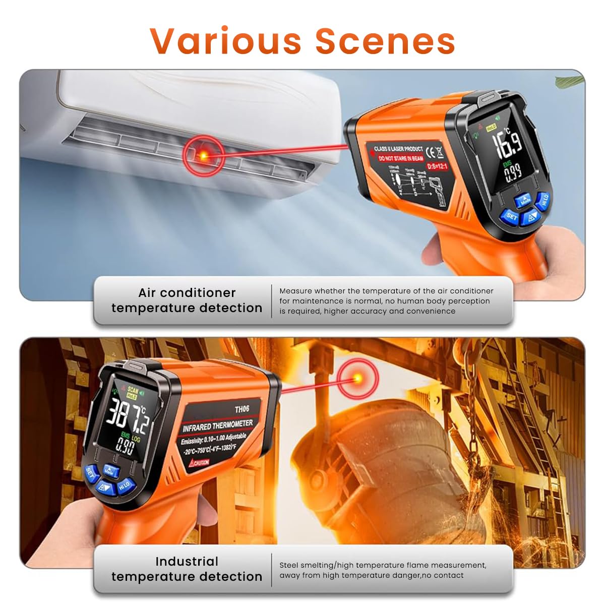 Serplex® Infrared Thermometer Gun Non-Contact LCD Digital Laser Temperature Gun -4°F -1382°F (-20-750) Handheld Temp Gauge for Household Industrial Use, HVAC, Pizza Oven (Battery Not Included)