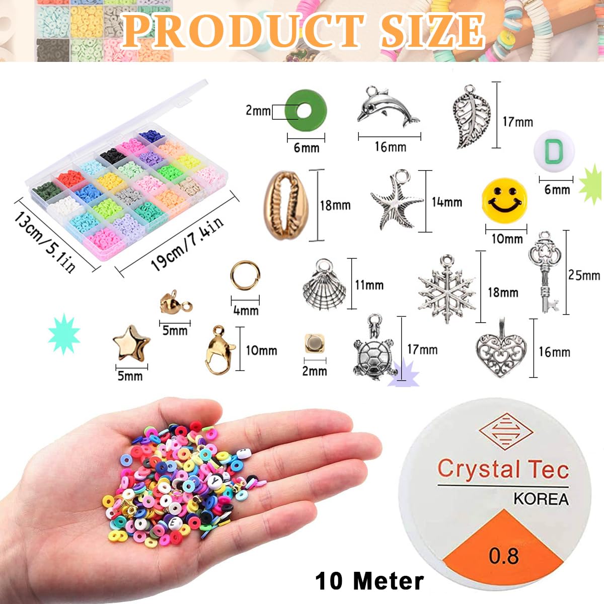 Venzina® 4000pcs Clay Beads For Jewellery Making Kit, 24 Colors Clay Beads for Bracelet Making, Polymer Flat Beads Alphabet Spacer Beads With Charms Elastic Strings DIY Craft Gift for Kids Girls Women