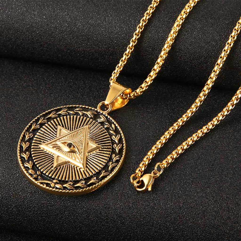 Proberos Eye of Providence Necklace featuring Embossed Golden Pendant for Men | Adjustable Alloy Chain