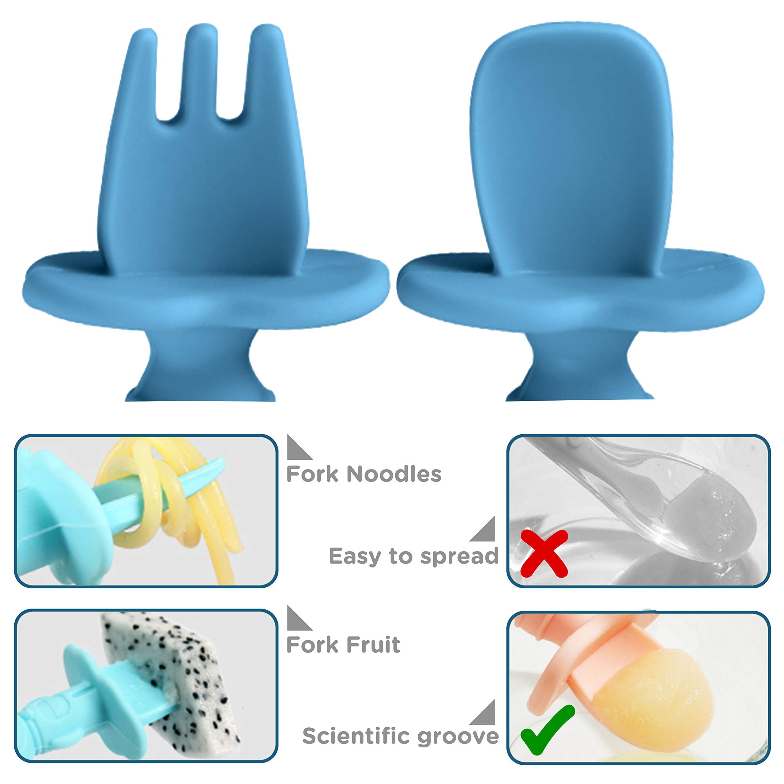 SNOWIE SOFT Baby Fork and Spoon Combo,Creative Cartoon Design, BPA-Free Food-Grade Silicone Material, Comfy Gripping First Tableware for Baby Feeding Complementary Food for Toddler,