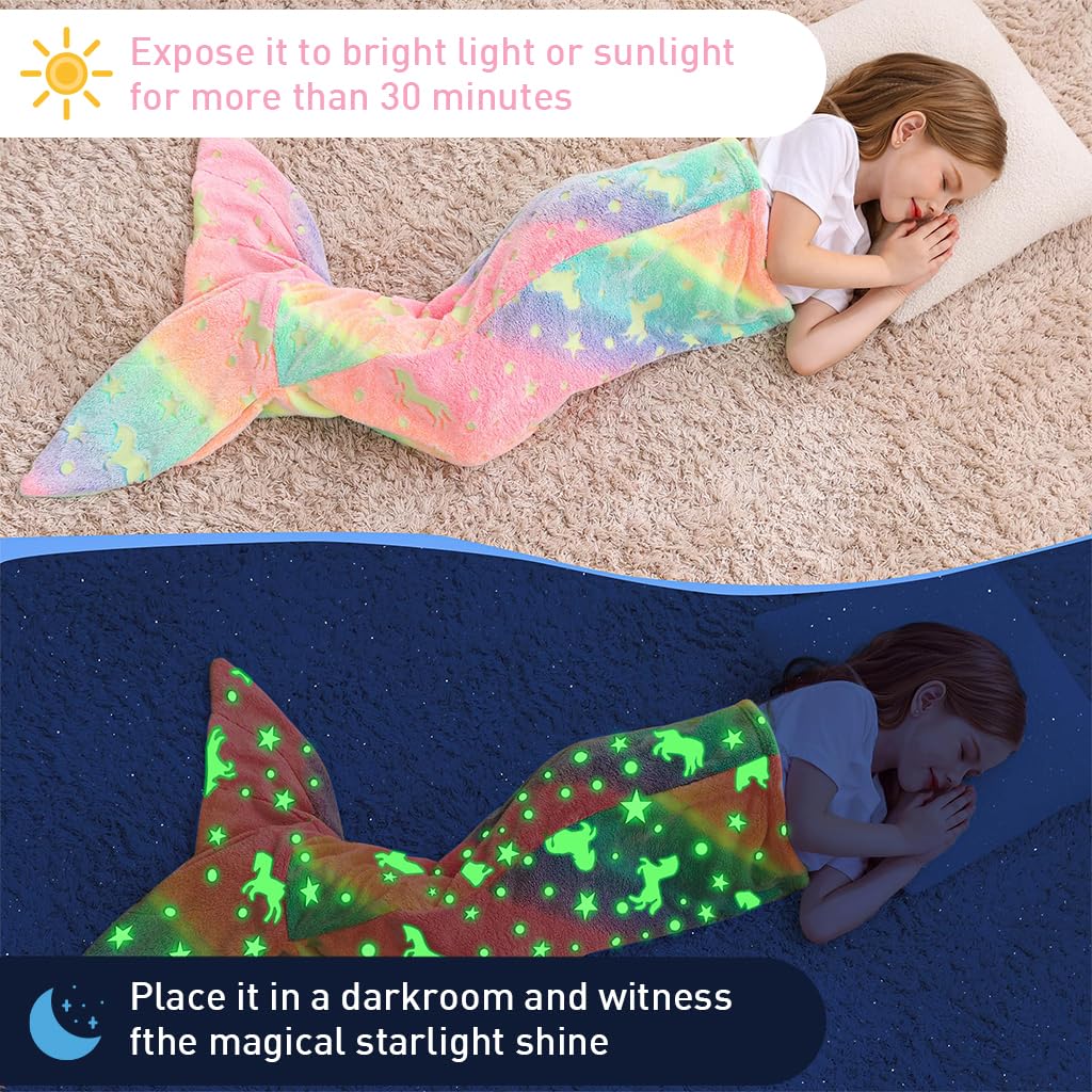 SNOWIE SOFT Mermaid Tail Blanket for Kids 17x39 in featuring Glow in the Dark Flannel | Cozy Gift for Girls