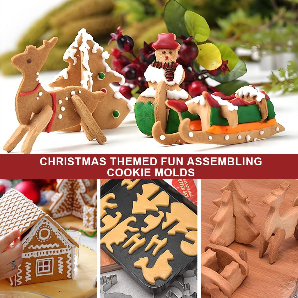 HASTHIP 18PCS 3D Christmas Cookie Cutters for DIY Gingerbread House with Santa House Design | Fun Holiday Baking Tool Set