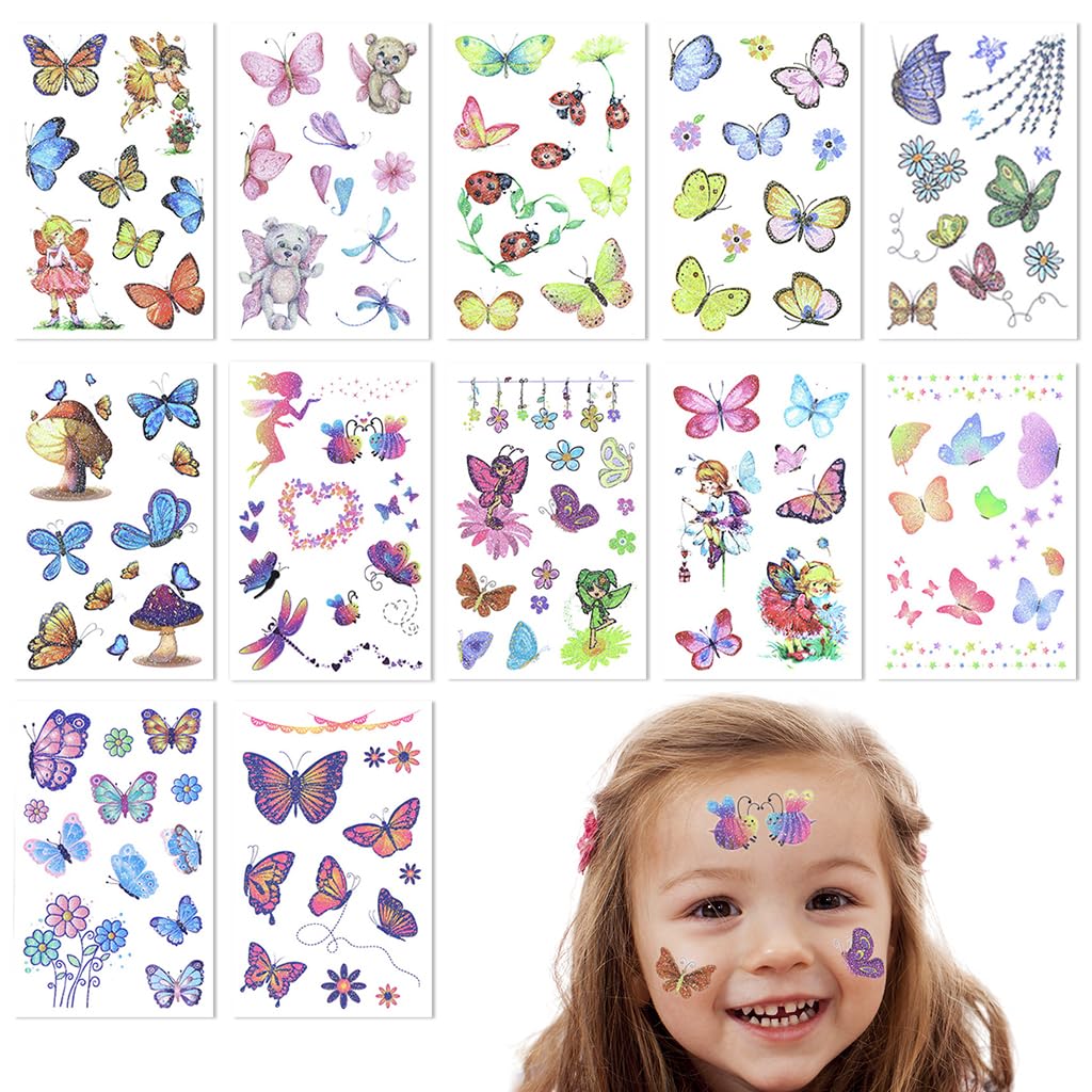 MAYCREATE® Tattoo Sticker for Girls 12 Sheets Kit, Butterfly Temporary Tattoo Stickers for Kids, Glittering Fairy Fake Tattoos, Waterproof Charming Makeup Body Arm Face Stickers