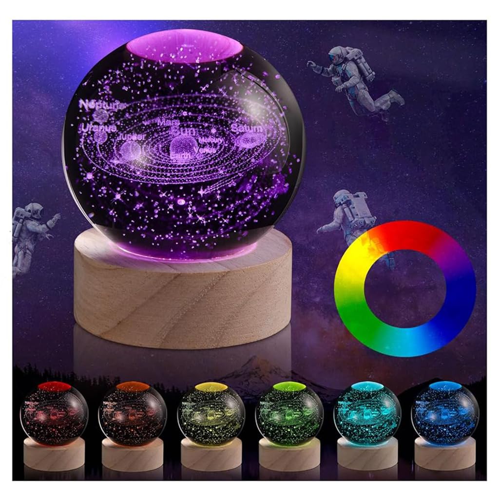 ELEPHANTBOAT 3D Solar System Crystal Ball Night Light with 7 Color LED and Wooden Base for Bedroom Decor | Unique Astronomy Gift