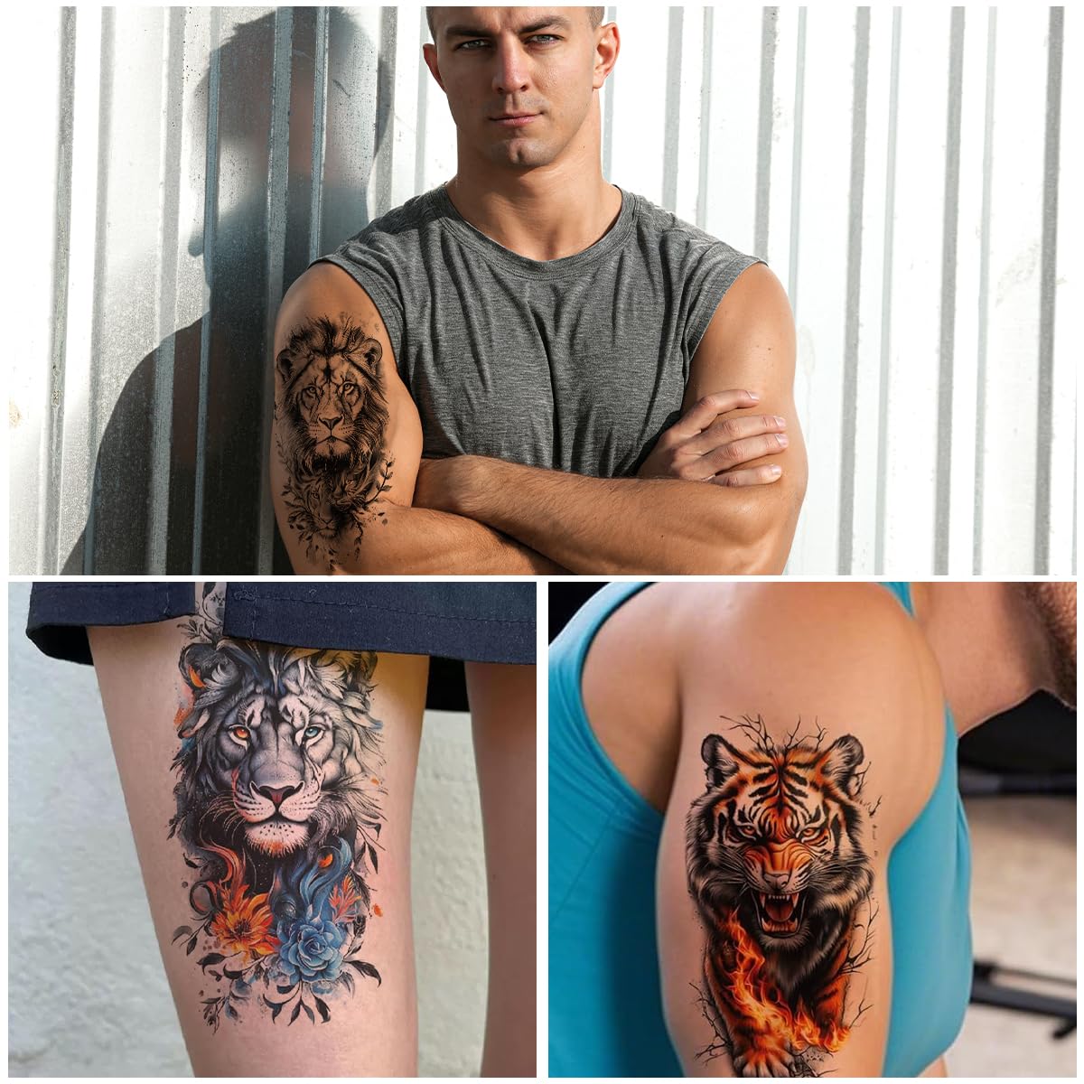 MAYCREATE Temporary Tattoo Sticker Set for Men featuring Tiger and Lion Designs 148x210mm | Waterproof Large Arm Tattoos