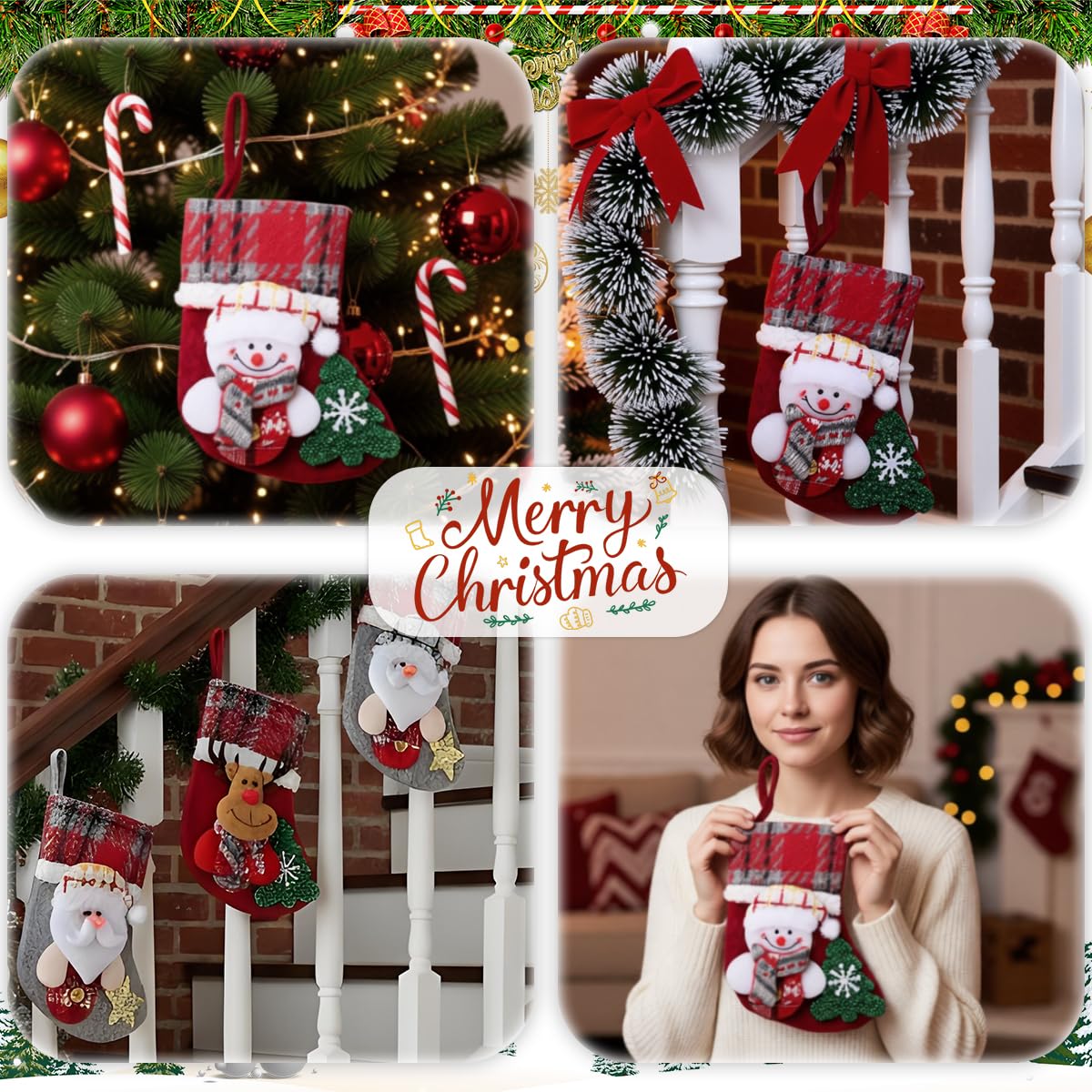 HASTHIP Christmas Stockings Set for Tree and Home with Santa Reindeer Bear Snowman Prints 13x17cm | 4Pcs Fabric Hanging Decorations