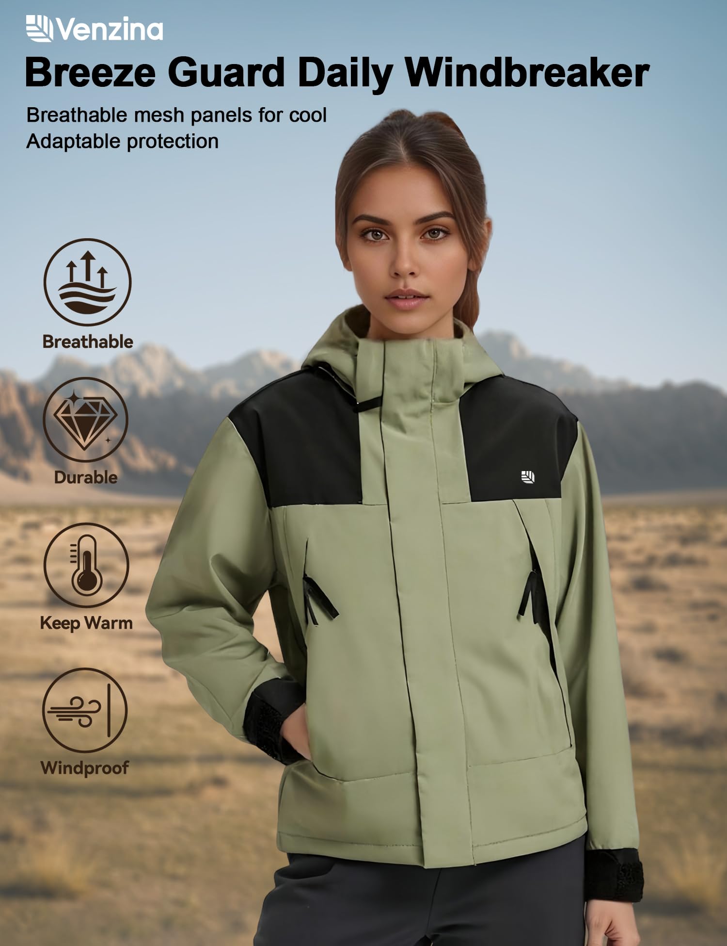 Venzina Women's Hiking Jacket for Windproof Trekking with Breathable Mesh Liner and Detachable Hood | Green