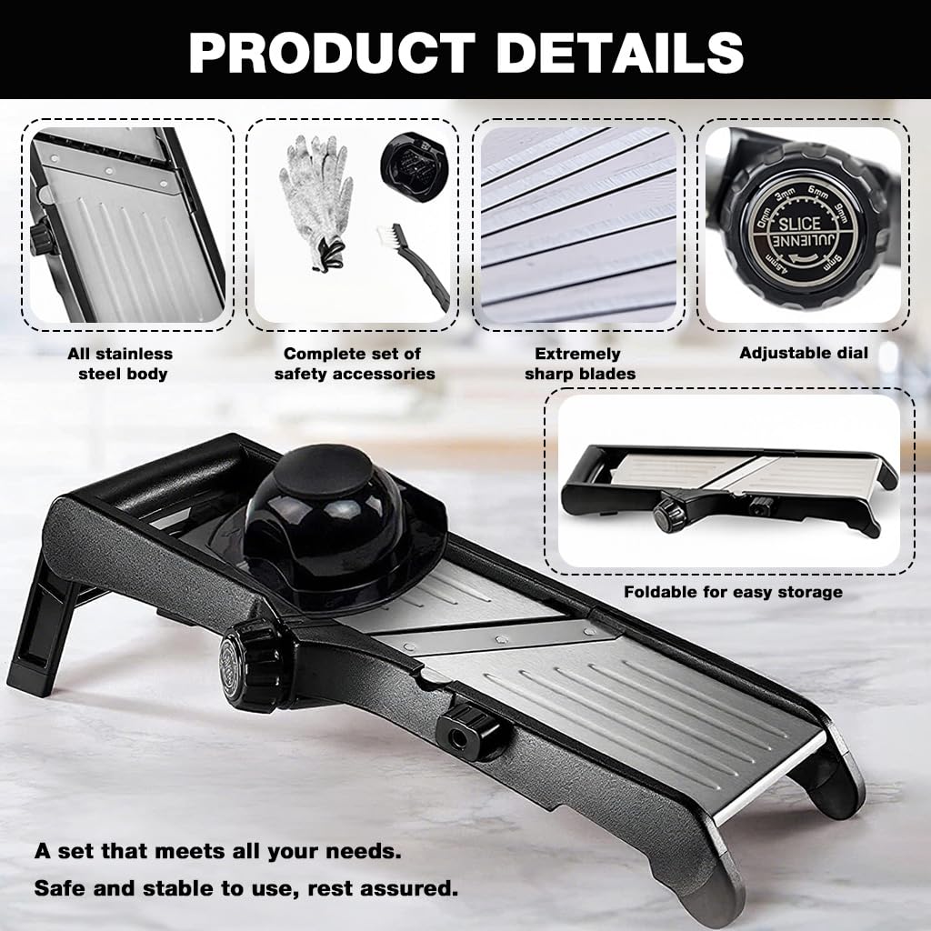 Supvox Kitchen Mandoline Slicer with 5 Interchangeable Blades and Cut-Resistant Gloves | Stainless Steel Vegetable Grater for Safe and Efficient Food Prep