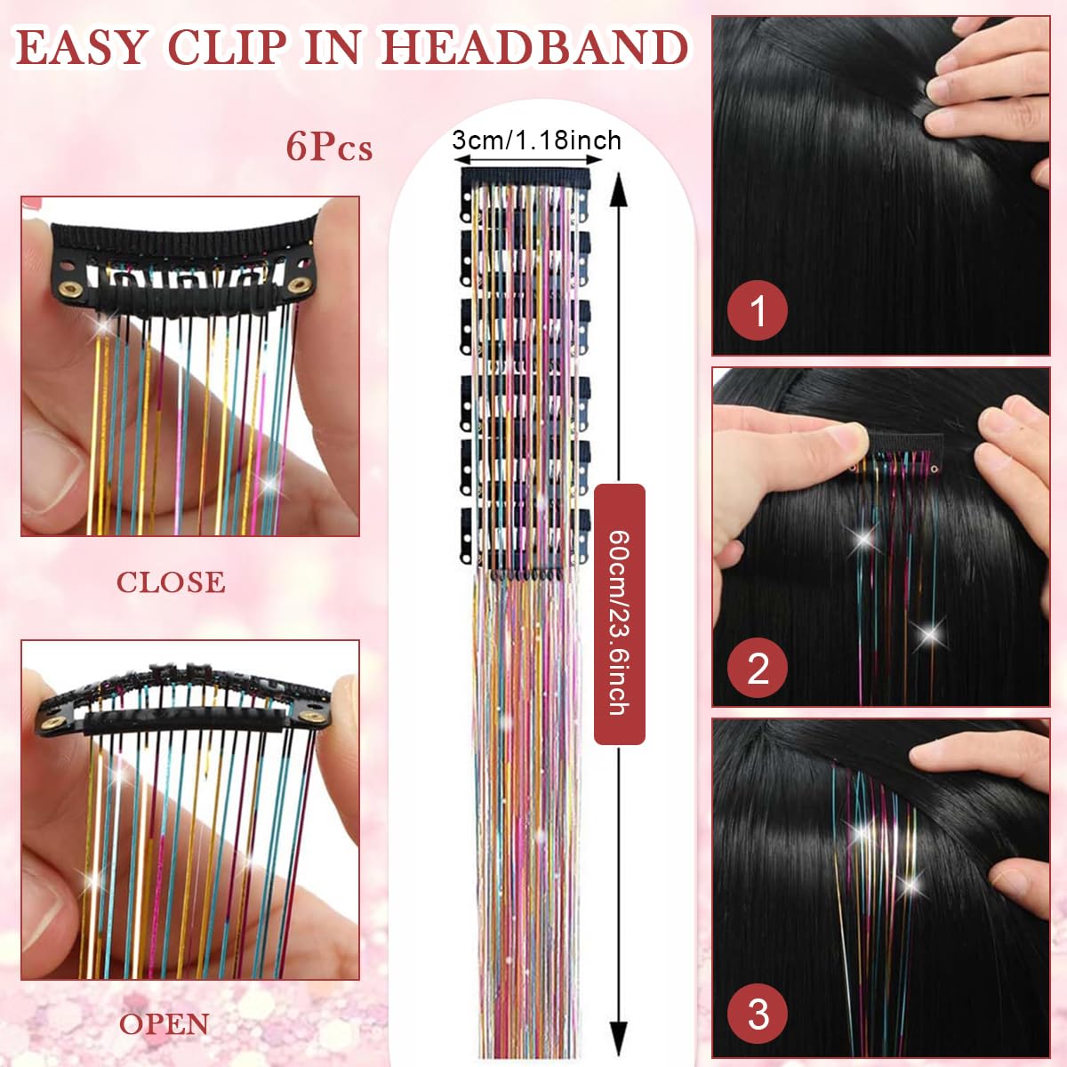 ZIBUYU Hair Tinsel Extensions for Party Styling with 6pcs 23.6 in Clip-on Rainbow Strands | Fairy Hair Accessory