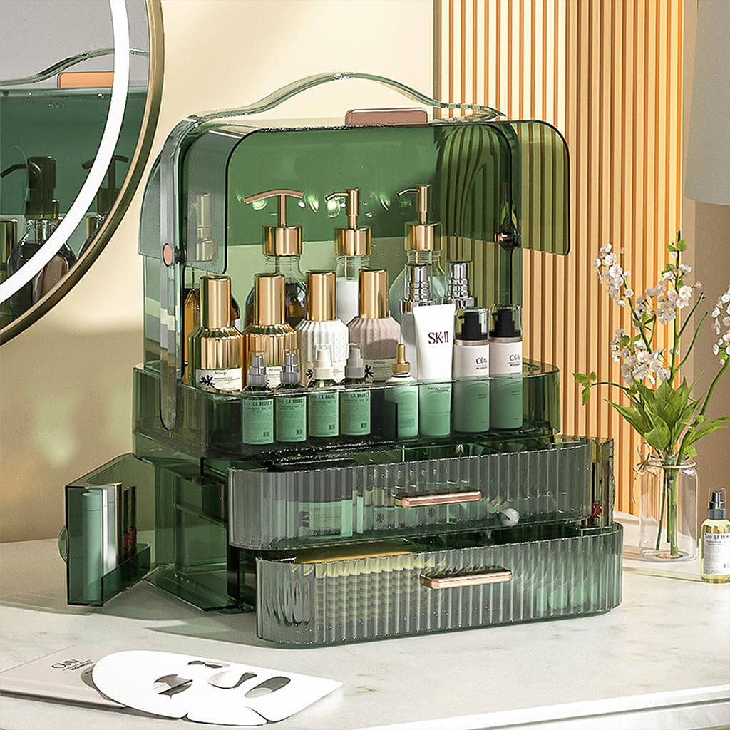 MAYCREATE Dressing Table Organizer for Cosmetics with 34.7x26.5x18.2cm Drawers and Flip-Up Lid | Green Plastic Design