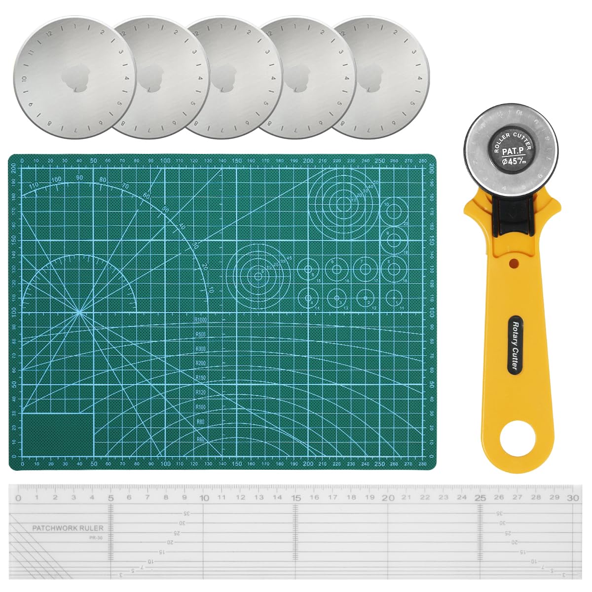 Serplex® DIY Quilting Rotary Cutter Set with 5 Replacement Cutter Blades, Ruler, A4 Size Cutting Mat & Storage Bag Beginners Quilting Tools for Sewing, Quilting, Patchworking Crafts