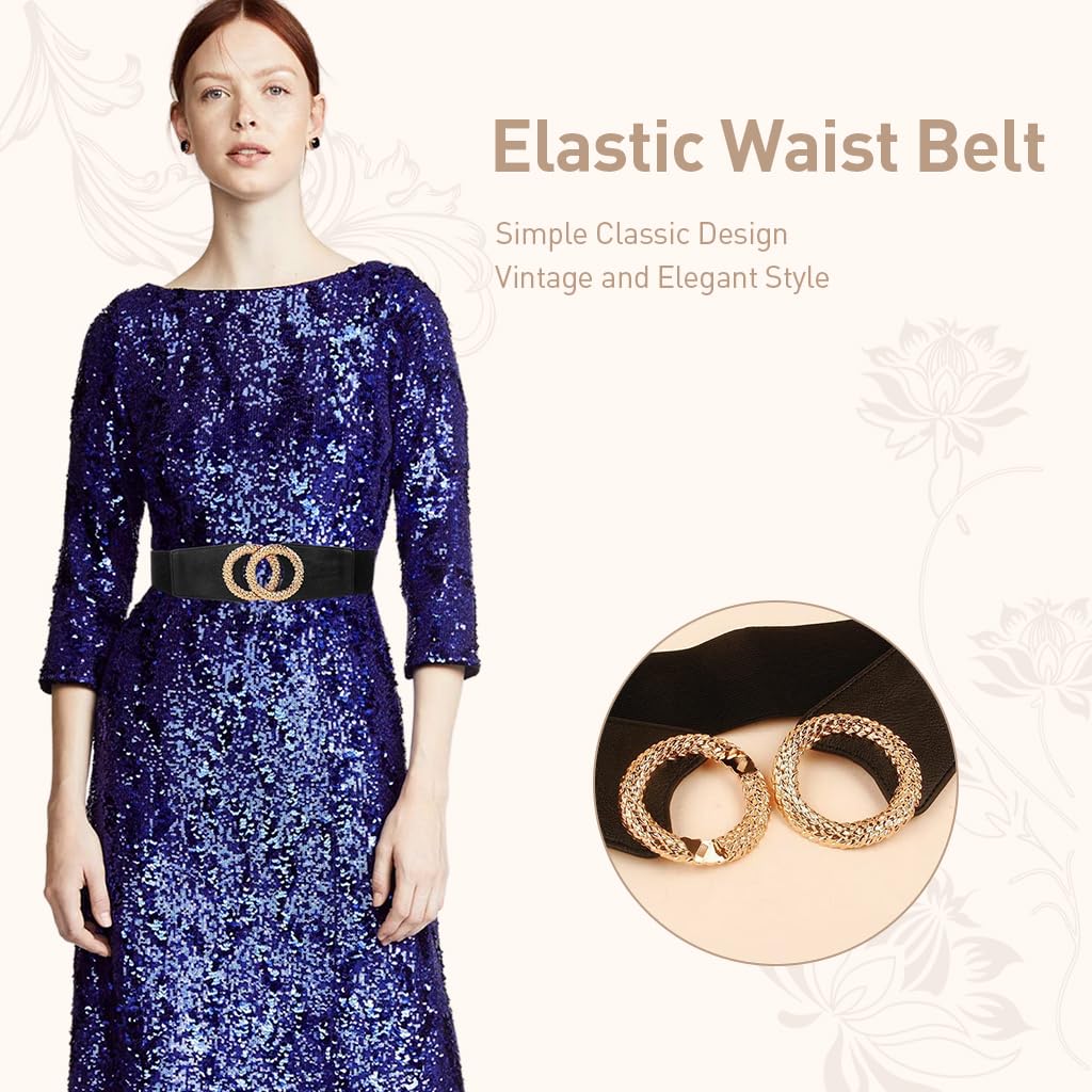 Zibuyu Belt for Women with Golden Crossing Metal Ring Buckle in Black PU Leather | Elastic Waist Accessory for Dresses and Blazers