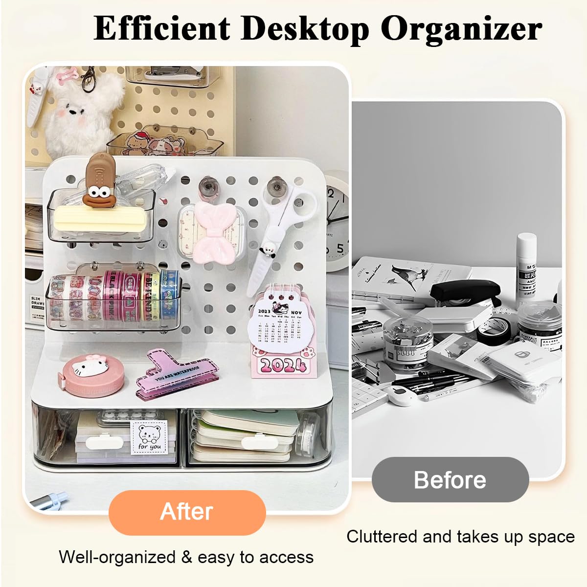 OFIFO Desk Organiser for Study Table with Dual Transparent Drawers 9.8 x 5 x 9 in | Customisable Pegboard Storage