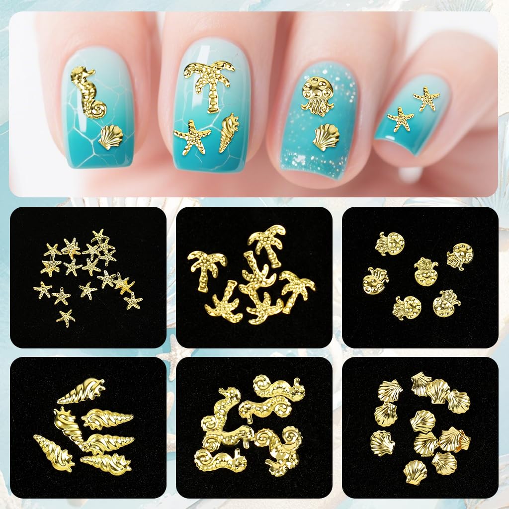 MAYCREATE Beach Nail Art Charms for DIY Manicure with 3D Metal Ocean Designs | Dual Tone Boho Style