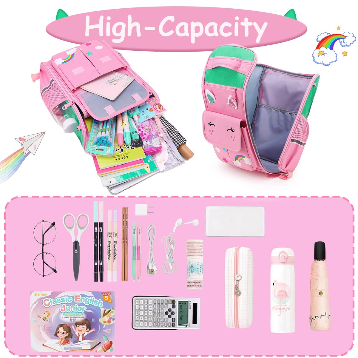 Venzina Trolley School Bag for Girls with 3 Wheel Stand and PU Pink Cartoon Design | Large Capacity Backpack