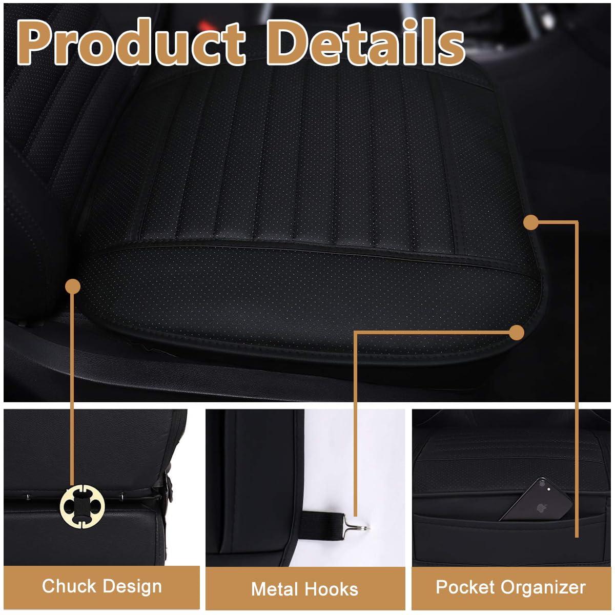 STHIRA Car Seat Cover for Front Seats with Dual Pocket Design 52x50cm | Bamboo Fiber Anti Slip Cushion