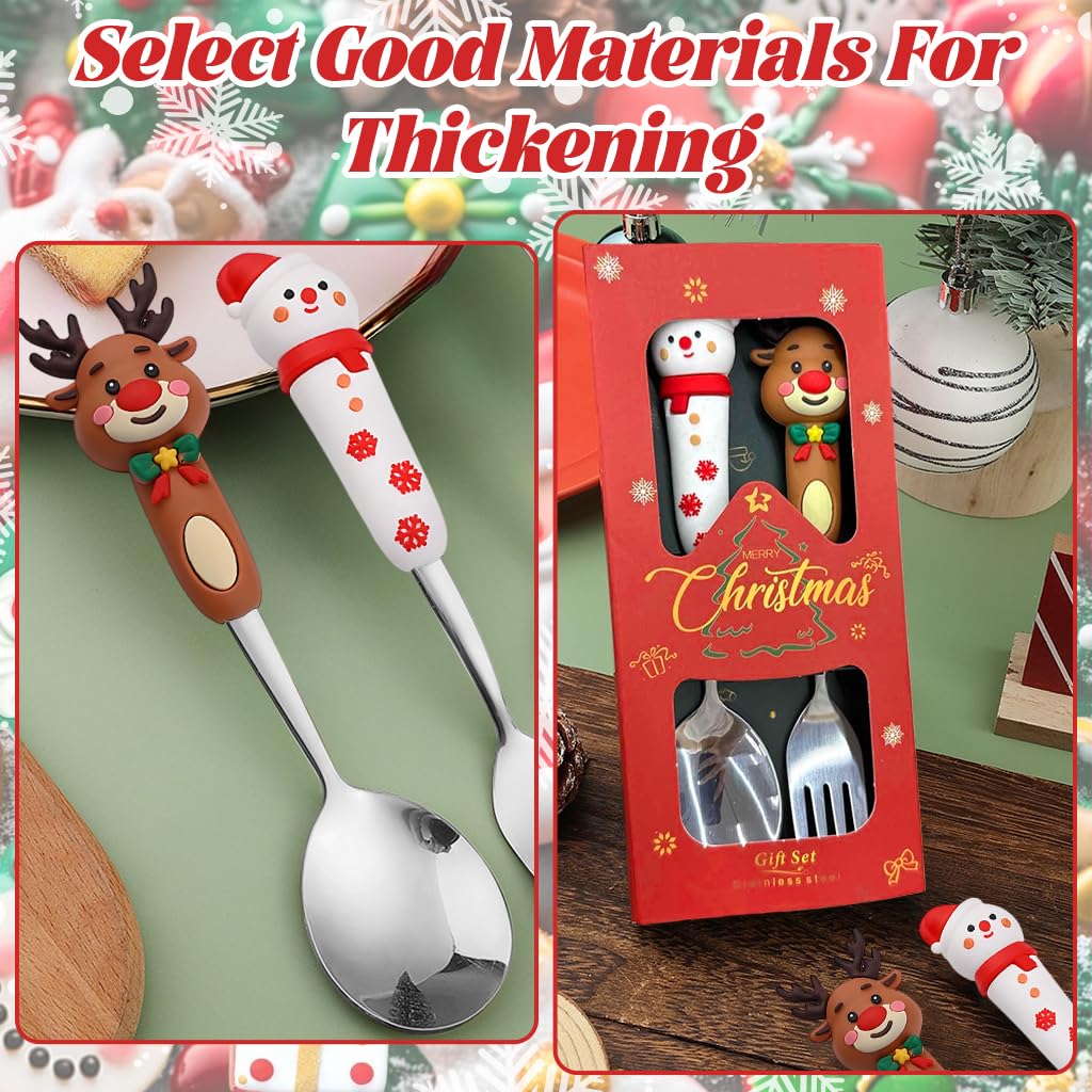 HASTHIP Christmas Spoon and Fork Set 2PCS for Holiday Dining with Elk and Snowman Toppers | Stainless Steel Silver Flatware Gift Box