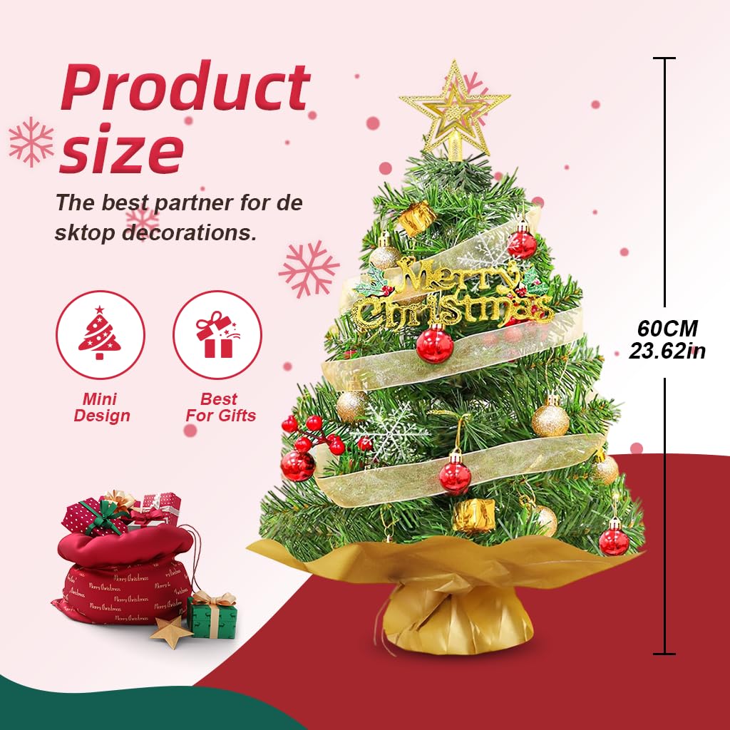 PATPAT Christmas Tree for Home Decor with 60 cm Height and Gold Fabric Wrapped Base | Includes Red and Gold Ornaments
