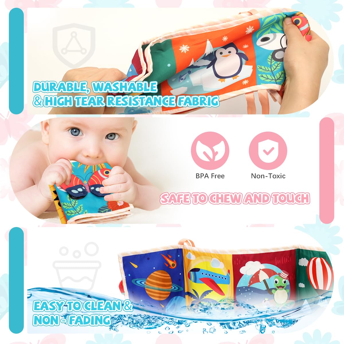 SNOWIE SOFT Butterfly Cloth Book for Baby with Mirror and 3D Sensory Elements 78x14cm | Washable Visual Stimulation Toy