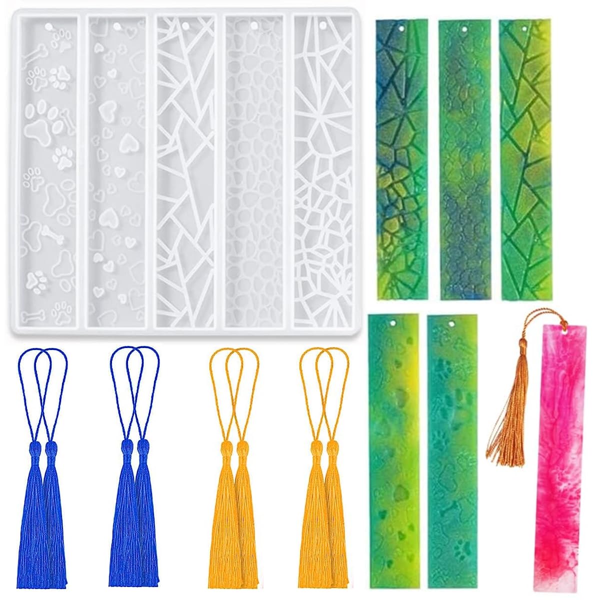 HASTHIP® 1PC Shiny Bookmarks Silicone Mold, DIY Bookmark Resin Mold Rectangle Bookmark Silicone Molds with 8pcs Colorful Tassels for Jewelry DIY