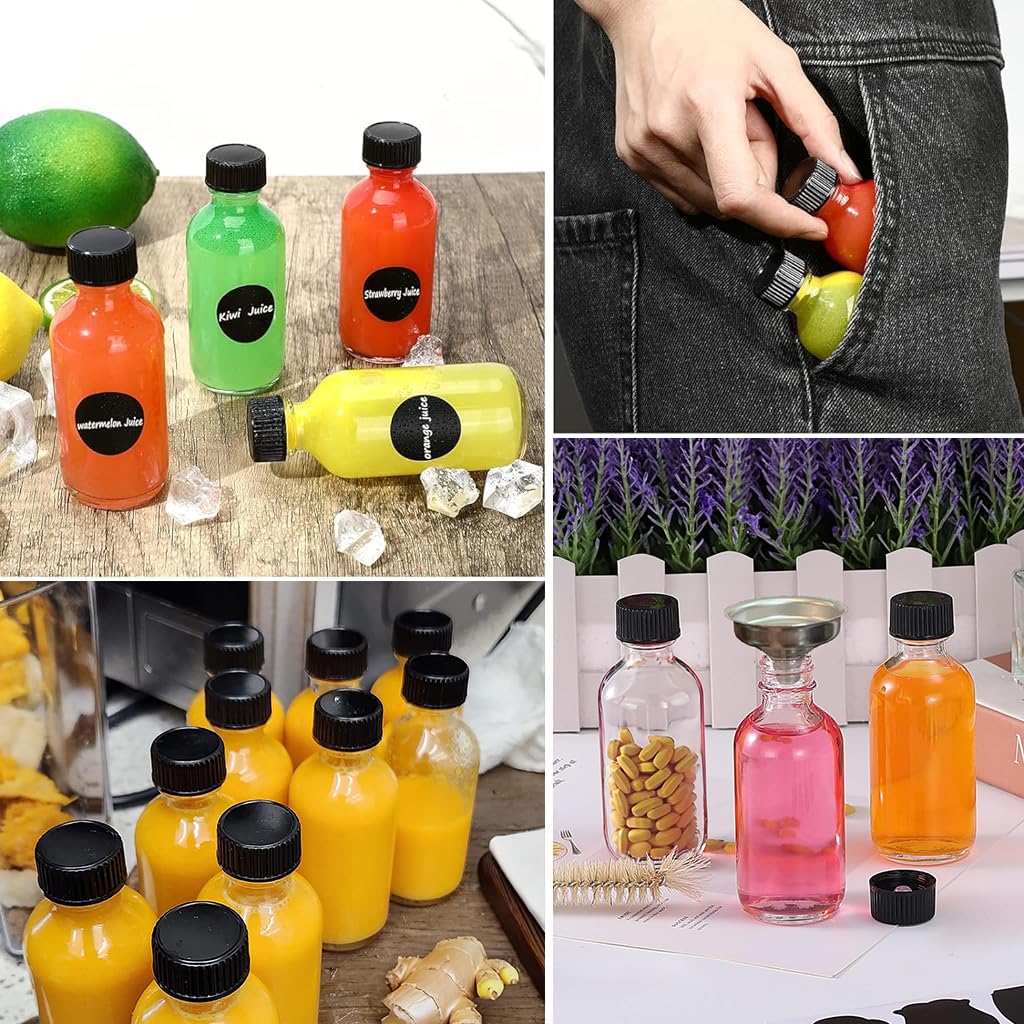 HASTHIP Small Glass Bottles Set for Juice and Drinks with Leak Proof Lids 12 x 60 ml | Includes Funnels Labels and Pen