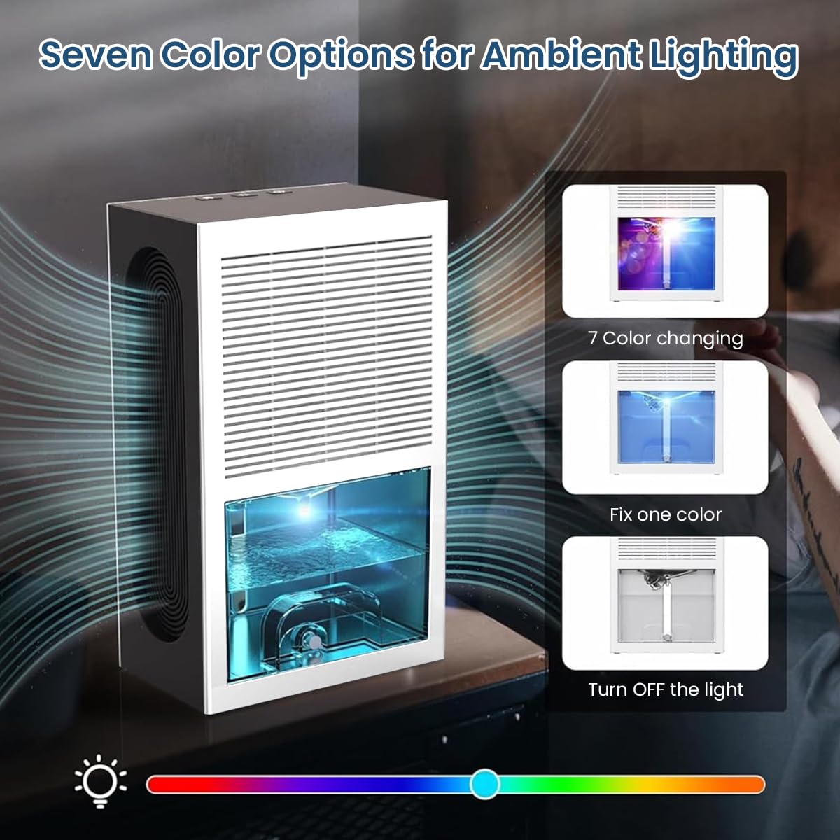 HANNEA Dehumidifier for Bedroom and Bathroom featuring Dual Drainage System 2.4L Tank | 7 Color LED Light and Ultra Quiet 40dB Operation