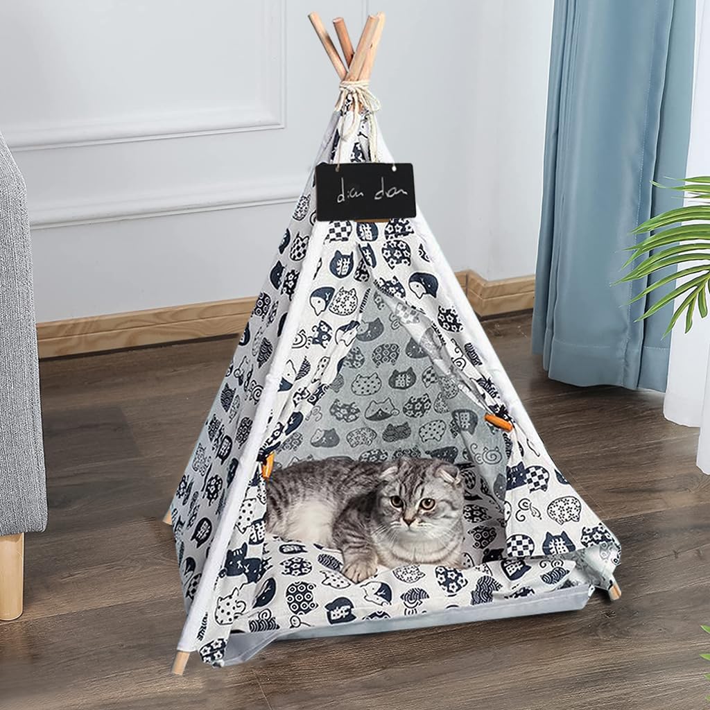 Qpets® Cat House Cat Beds for Indoor Cats Puppy Bed Dog House Dog Bed Tent Pet Bed Print Pet Teepee with Cushion Pillow, Assemble Tent Bed for Kitten, Cat, Dog, All Season Use