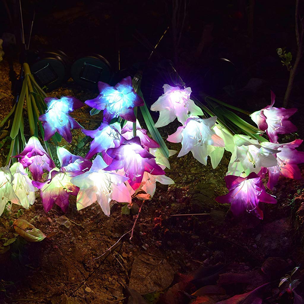 Supvox Outdoor Solar Garden Flower Lights, 2 Pack Solar Powered Lights with 8 Lily Flowers, Multi-Color Changing Decorative Underground Lights for Garden, Patio, Backyard (Purple and White)