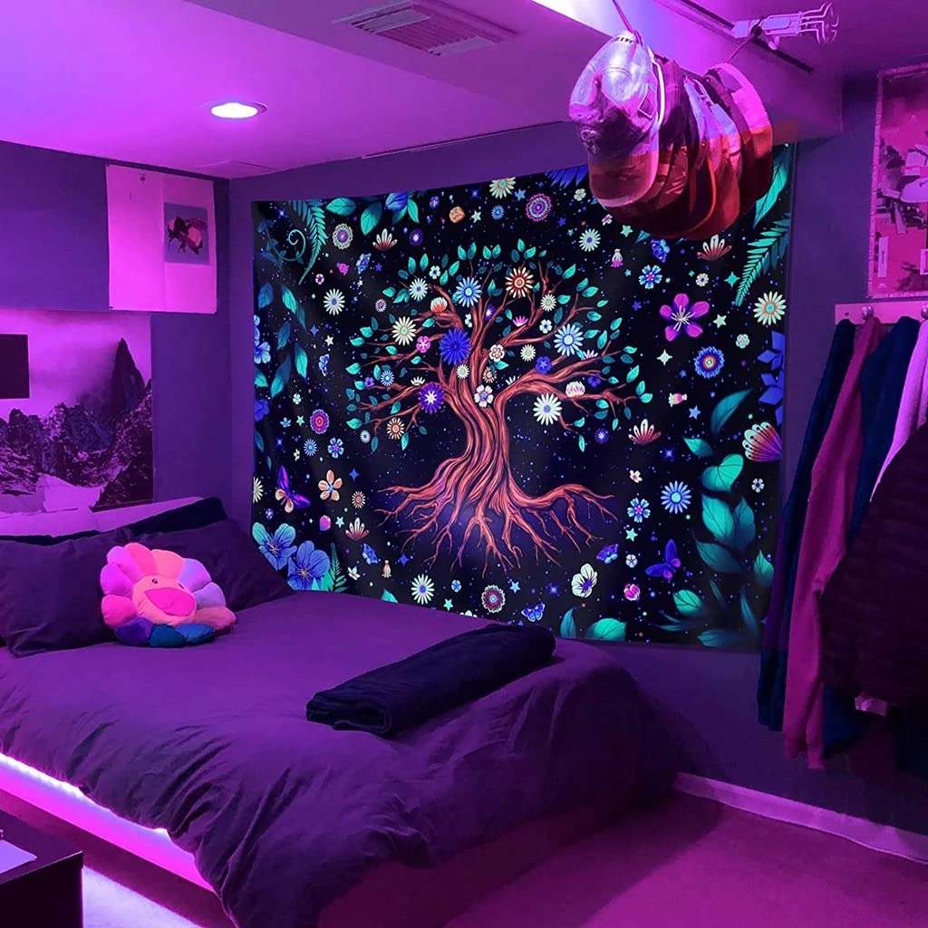 HASTHIP® UV Luminous Tree of Life Tapestry, Fantastic Flowers Tapestry Glow In The Dark, UV Reactive Black Light Tapestries Posters Wall Hanging for Bedroom Dorm Living Room Decor (51inch x 59inch)