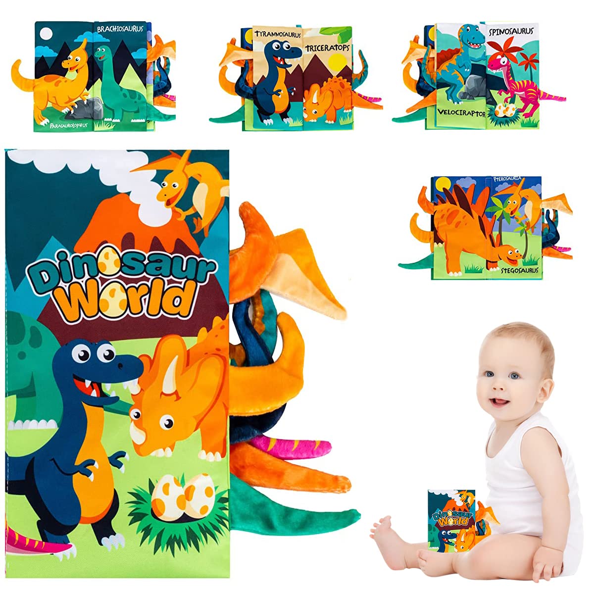PATPAT Cloth Books for Babies with 3D Dinosaur Tails and BPA Free Soft Polyester | Early Learning Toy for 3–18 Month Infants