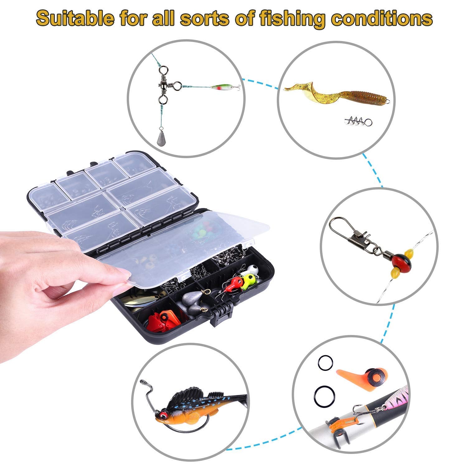 Proberos® 188 Pcs Stainless Steel Fishing Accessories Kit Including Fish Jig Hooks, Bullet Bass Casting Sinker Weights, Fishing Swivels Snaps, Sinker Slides, Fishing Set with Tackle Box