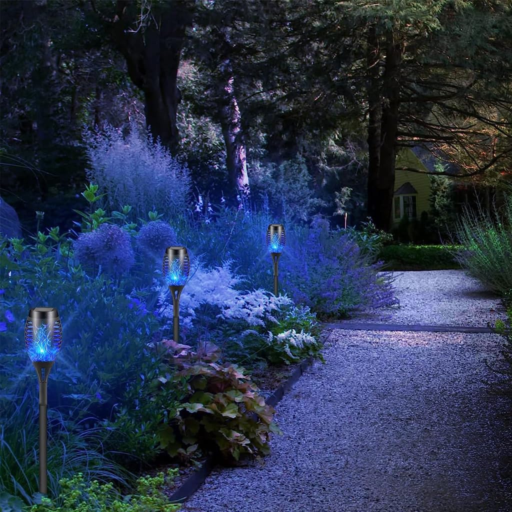 Qpets Solar LED Garden Lights for Outdoor Decor with Flickering Flame Effect | 4pcs Blue IP65 Waterproof Lamps