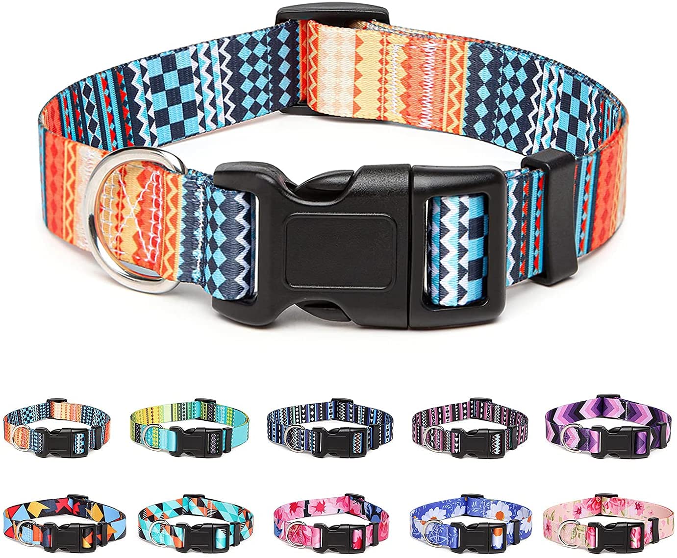 Qpets  Bohemia Style Dog Collar with Patterns Adjustable 33-55cm Soft Comfy Pet Collars Dog Belt for Small Medium Large 15-30KG Dogs (Size:M)