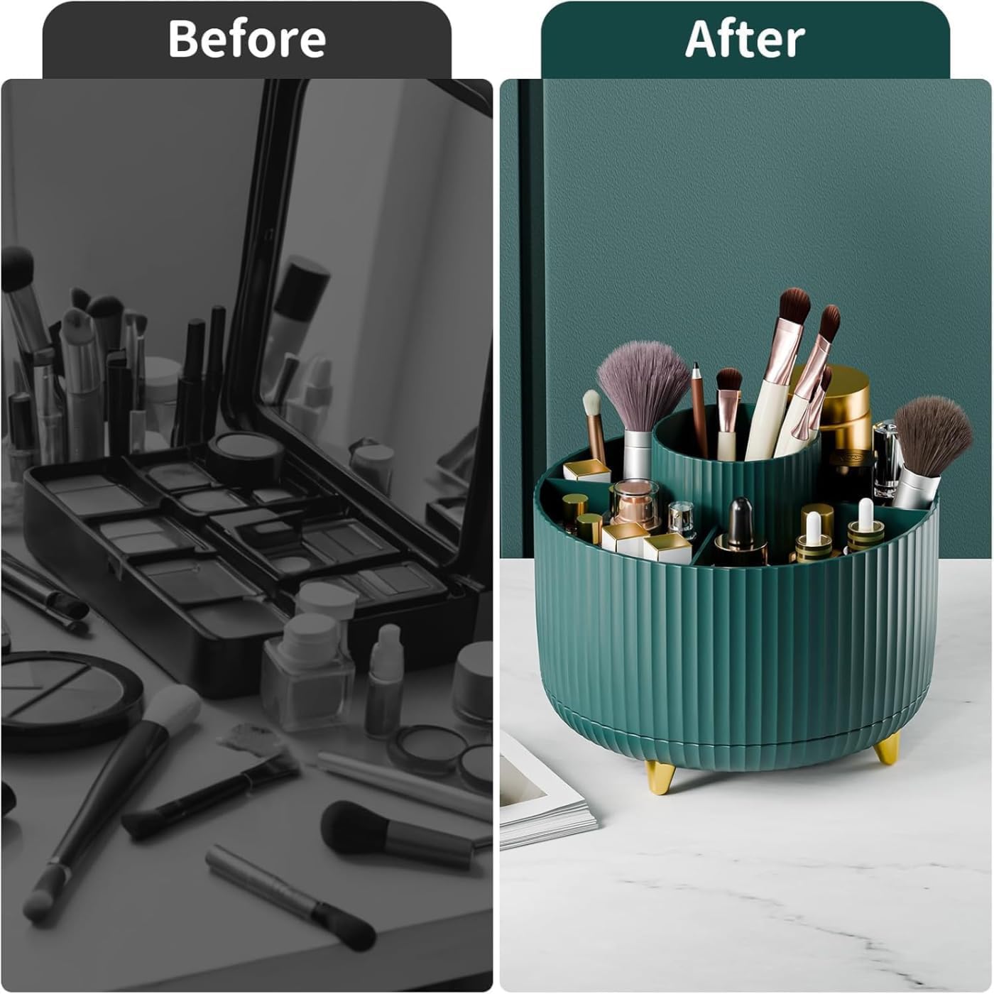 Zibuyu Makeup Brush Organizer for Desk and Vanity featuring 360 Degree Rotating 5 Compartments 15x15x12cm Green