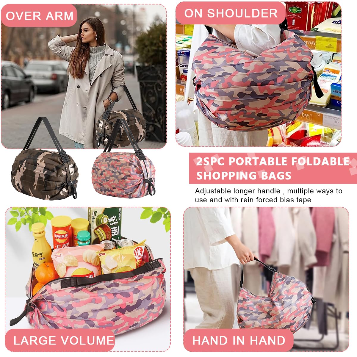 MAYCREATE Reusable Shopping Bag for Grocery with Dual Handles and Zipper | 2Pcs 40×40cm Nylon Foldable Waterproof Tote