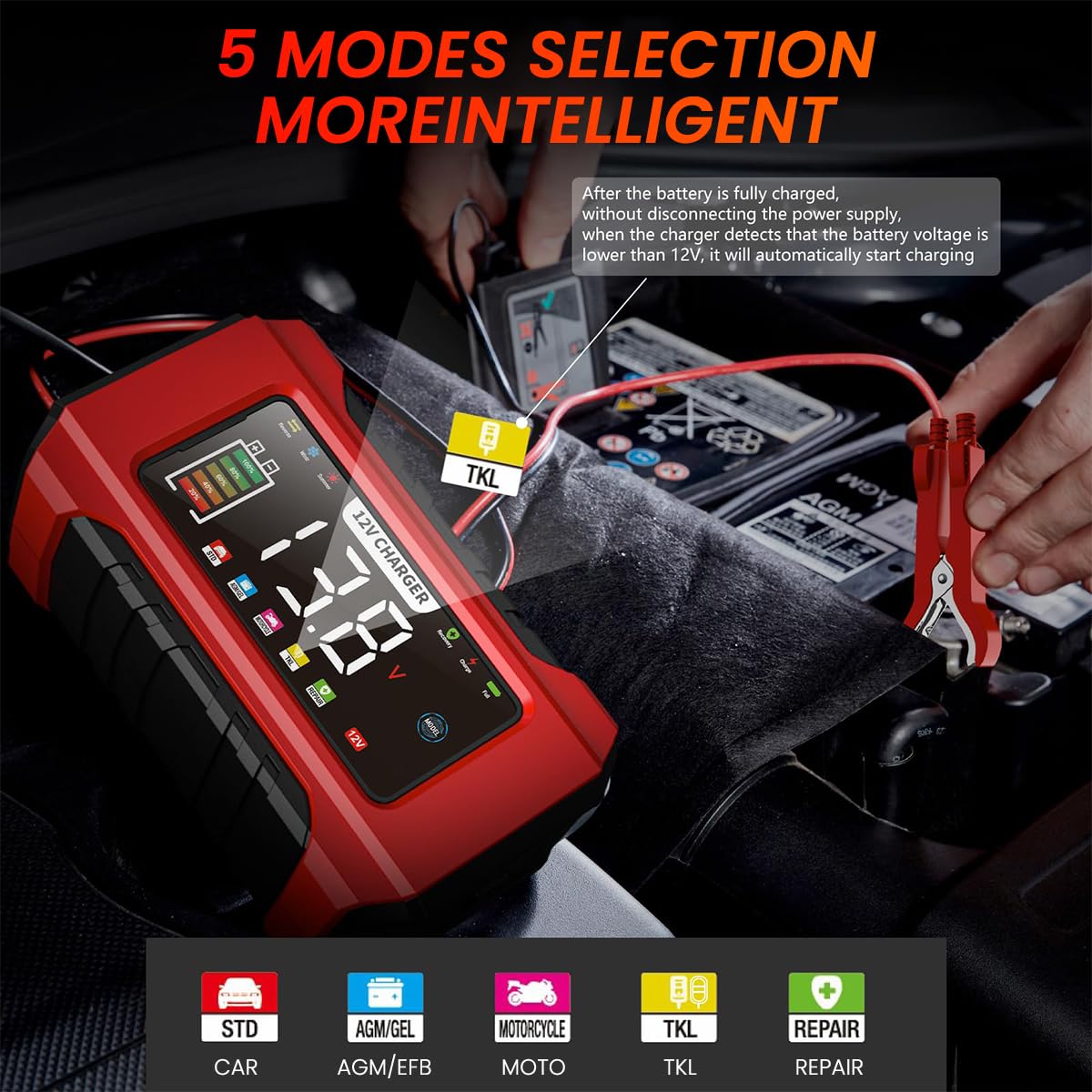 Verilux Car Battery Charger 12V for 2–100Ah Lead Acid Batteries with 9 Stage Auto Charging & LCD Display